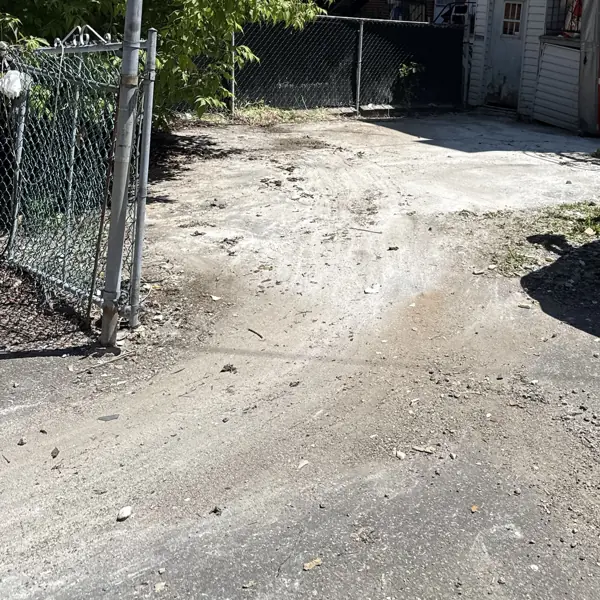 After: Renovation debris in a Montréal backyard, then a cleared lot.